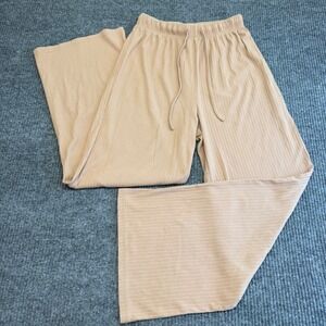 Nimin Women's M Beige Ribbed Wide Leg Lounge Pants Elastic Waist Cozy